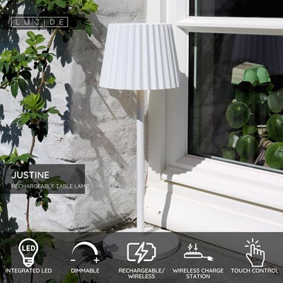 Lucide JUSTINE - Rechargeable Table lamp Indoor/Outdoor - Battery pack - LED Dim. - 1x2W 2700K - IP54 - With wireless charging pad - White